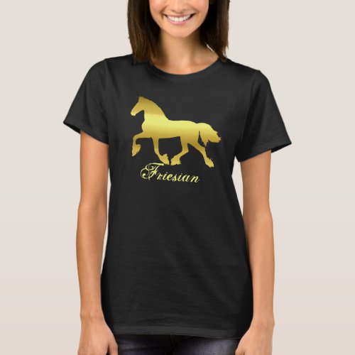 Friesian horse silhouette trotting gold stallion T_Shirt