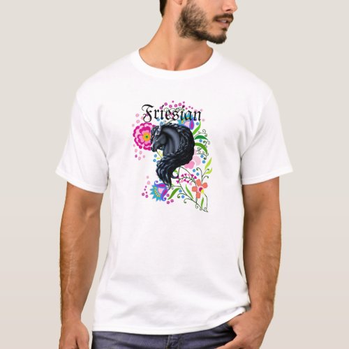Friesian horse stallion folk flowers T_Shirt