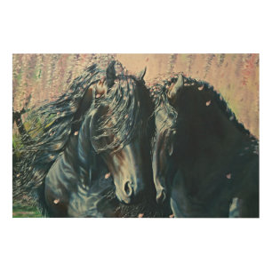 "Friesian Romance" black stallion and mare Wood Wall Art