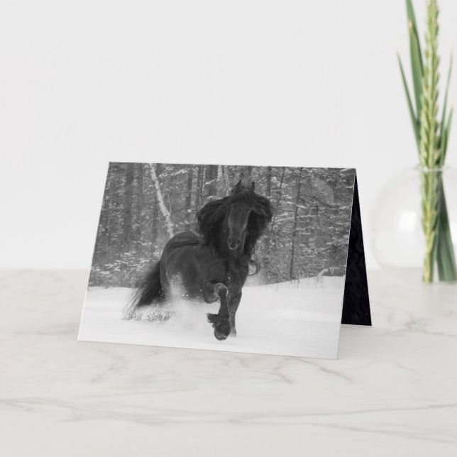 Friesian Runs in the Snow Horse Greeting Card (Front)