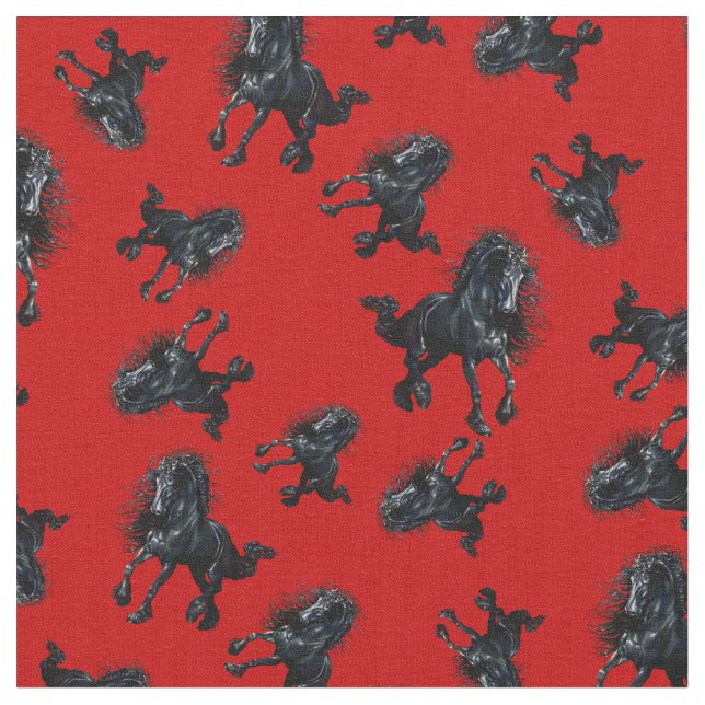 Friesian stallion/black beauty horse, bright red fabric (Close Up)