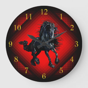 Friesian stallion horse gold silver large clock