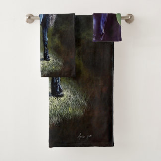 Friesian stallion horse in spotlight, painting bath towel set
