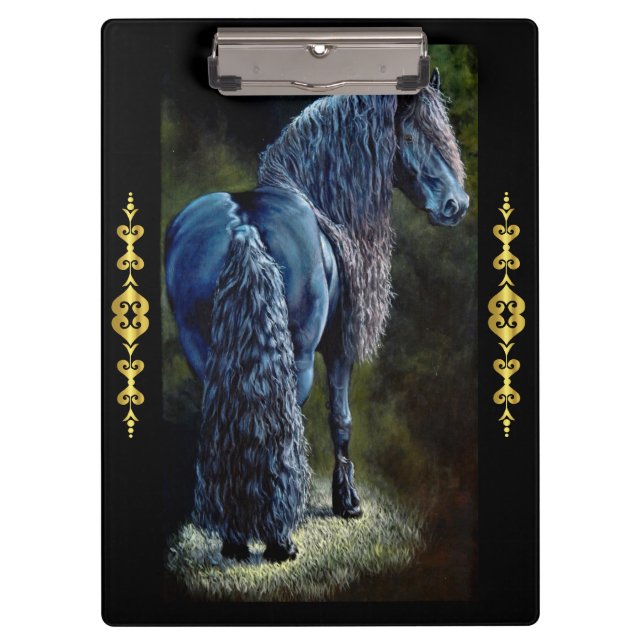 Friesian stallion horse in spotlight, painting     clipboard (Front)