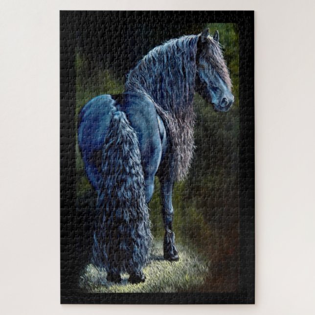 Friesian stallion horse in spotlight, painting   j jigsaw puzzle (Vertical)