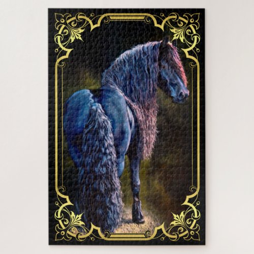 Friesian stallion horse in spotlight painting   jigsaw puzzle