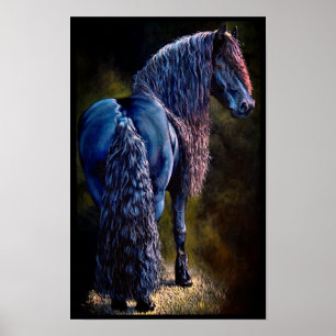 Friesian stallion horse, spotlight/painting/filter poster