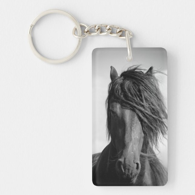 Friesian stallion in the wind. keychain (Front)