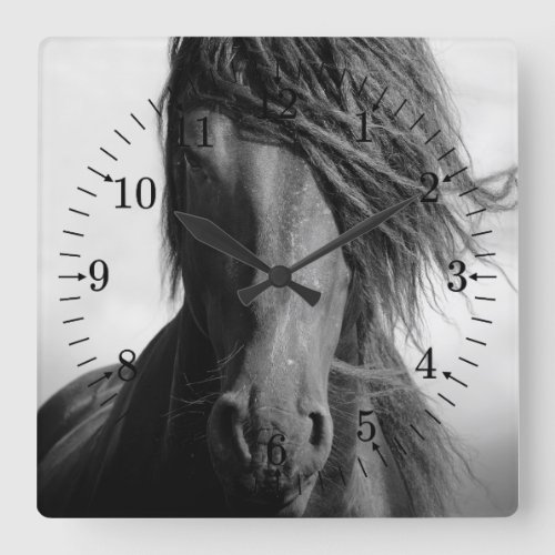 Friesian stallion in the wind square wall clock