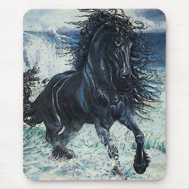 "Friesian Storm" black stallion, cartooned Mouse Pad (Front)