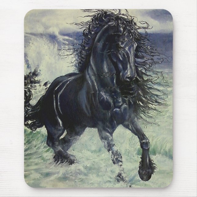 "Friesian Storm" black stallion in ocean Mouse Pad (Front)
