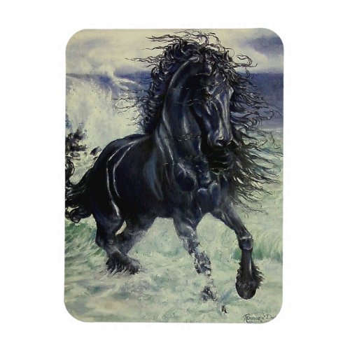 Friesian Storm black stallion in ocean sea Magnet