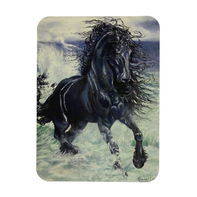 "Friesian Storm" black stallion in ocean sea Magnet (Vertical)