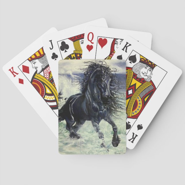 Friesian Storm, the black beauty stallion in ocean Poker Cards (Back)
