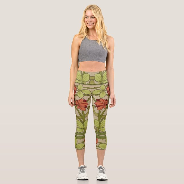 Frieze Border Art Nouveau Floral Capri Leggings (Front)