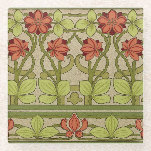 Frieze Border Art Nouveau Floral Glass Coaster (Front)