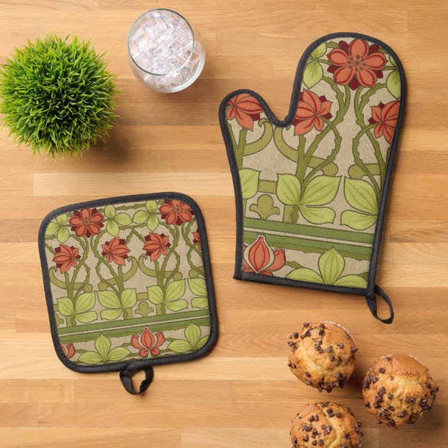 Frieze Border Art Nouveau Floral Oven Mitt & Pot Holder Set (Top Down)