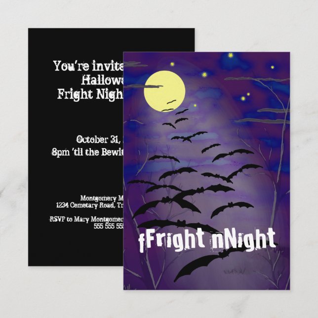Fright Night Full Moon & Bats Halloween Party Invitation (Front/Back)