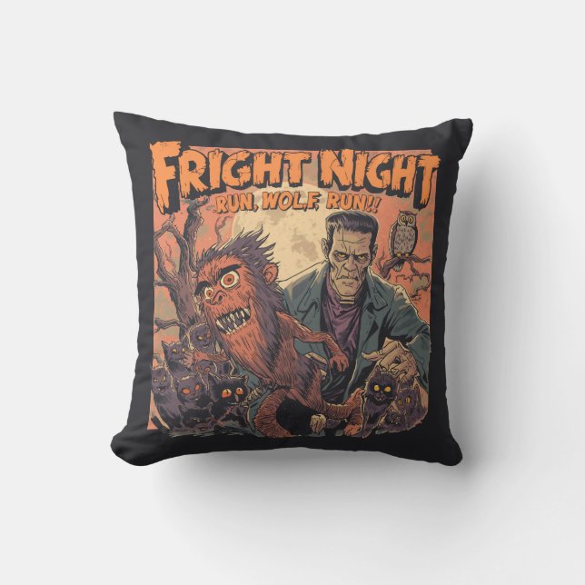 Fright Night Horror Poster – Retro Werewolf and Mo Throw Pillow (Front)