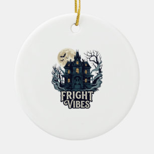 Fright Vibes Haloween Haunted House Full Moon Bats Ceramic Ornament