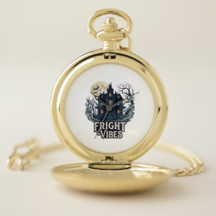 Fright Vibes Haloween Haunted House Full Moon Bats Pocket Watch