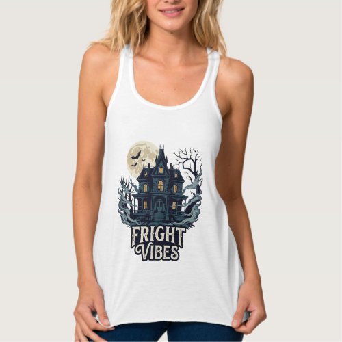 Fright Vibes Haloween Haunted House Full Moon Bats Tank Top