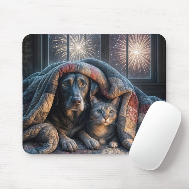 Frightened Dog and Cat Under a Quilt Mouse Pad (With Mouse)