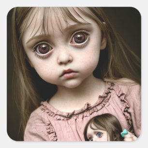 Frightened Little Girl with Creepy Doll Eerie Square Sticker