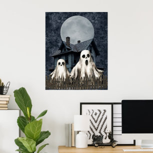 Frightening White Ghosts on a Haunted Background Poster