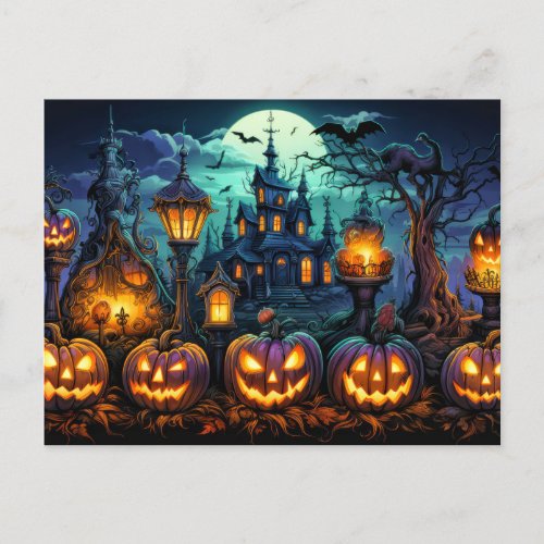 Frightful Glowing Pumpkins Under A Full Moon Postcard