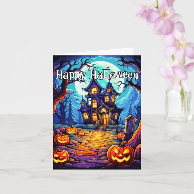 Frightful Haunted House | Happy Halloween Card (Orchid)