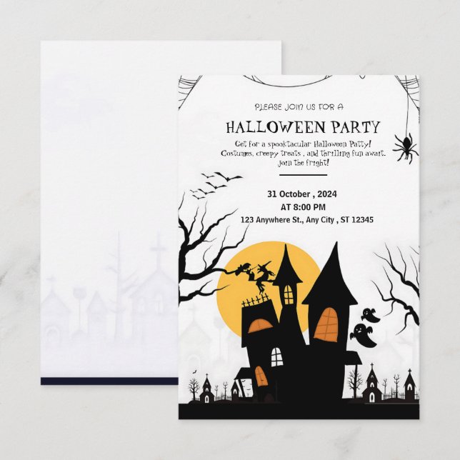 Frightfully Fun Black & White Halloween Party Invitation (Front/Back)