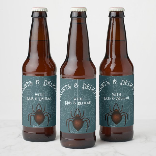 Frights and Delights Spider Halloween Personalized Beer Bottle Label (Bottles)