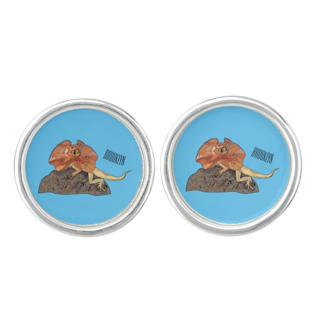 Frilled-neck lizard cartoon illustration cufflinks (Front)