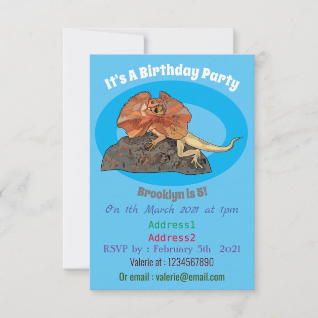 Frilled-neck lizard cartoon illustration invitation (Front)