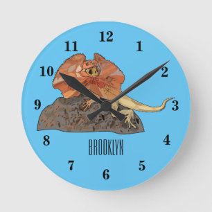 Frilled-neck lizard cartoon illustration round clock