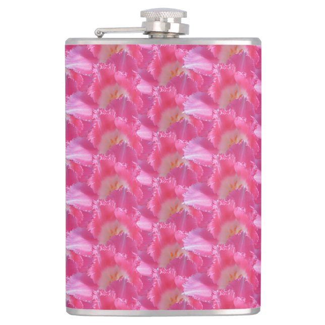 Frilled Pink Tulips – Modern Floral Design Flask (Front)