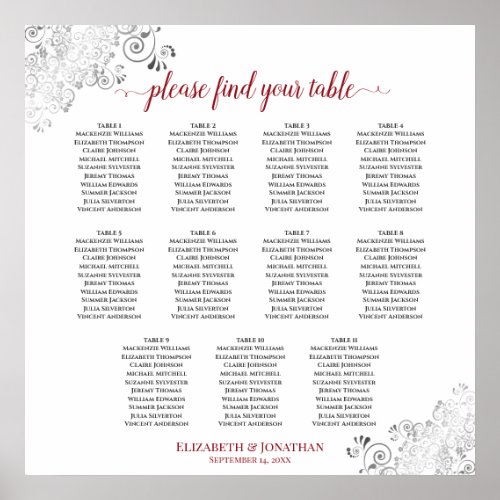 Frilly 11 Table Wedding Seating Chart White  Red