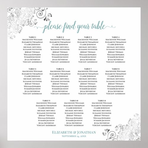 Frilly 11 Table Wedding Seating Chart White  Teal