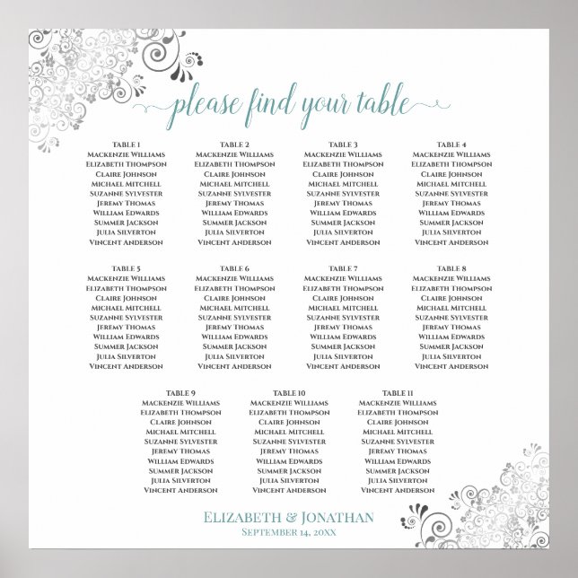 Frilly 11 Table Wedding Seating Chart White & Teal (Front)