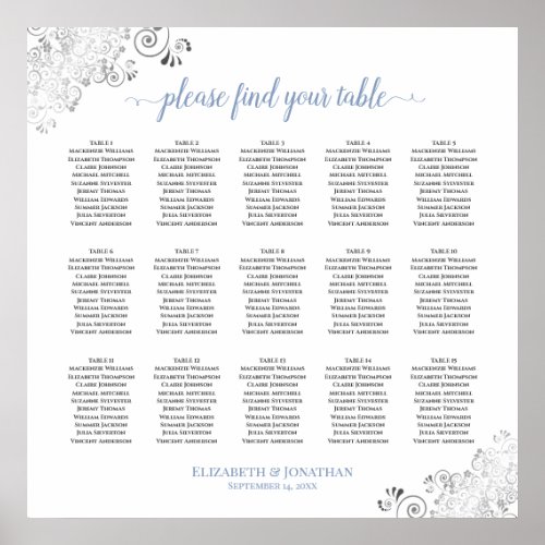 Frilly 15 Table Wedding Seating Chart White  Blue