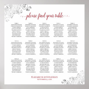 Frilly 15 Table Wedding Seating Chart White & Red