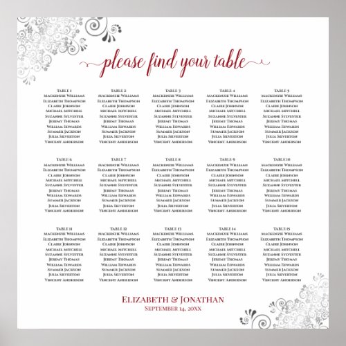 Frilly 15 Table Wedding Seating Chart White  Red