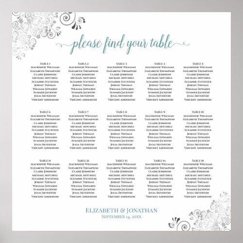 Frilly 15 Table Wedding Seating Chart White  Teal