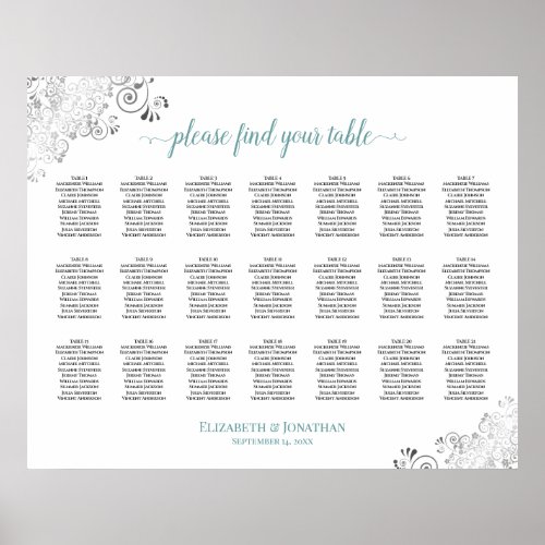 Frilly 21 Table Wedding Seating Chart White  Teal