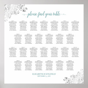 Frilly 26 Table Wedding Seating Chart White & Teal