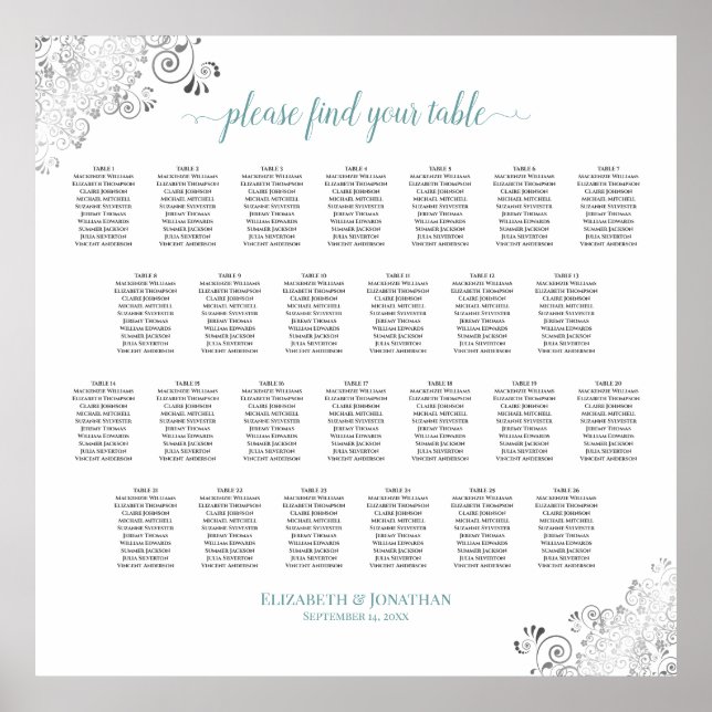 Frilly 26 Table Wedding Seating Chart White & Teal (Front)