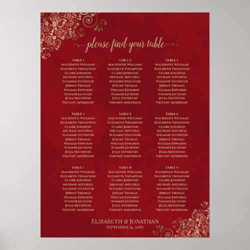 Frilly 9 Table Wedding Seating Chart Red  Gold