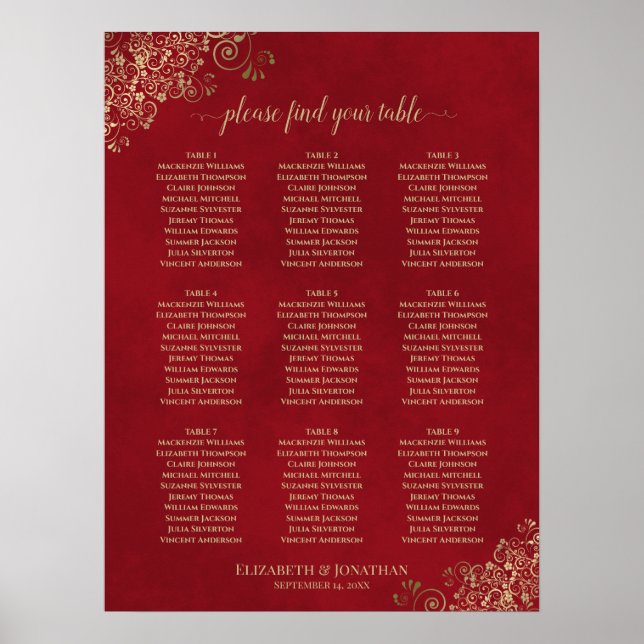 Frilly 9 Table Wedding Seating Chart Red & Gold (Front)