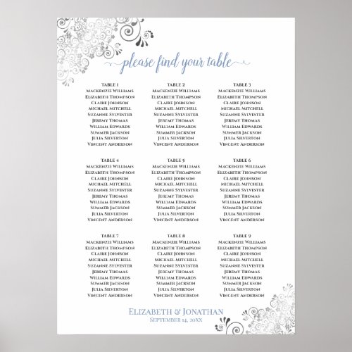 Frilly 9 Table Wedding Seating Chart White  Blue